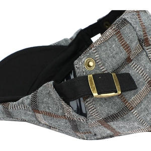 Rear view of a classic plaid ivy cap with adjustable metal buckle and grey check fabric