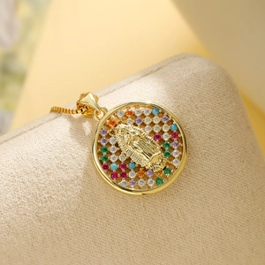 Gold plated 18K necklace with Virgin Mary pendant and multi-color zircon stones