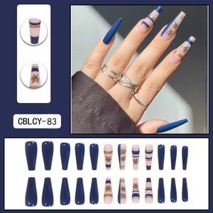 Blue press-on nails set with gold maple leaf design and 24 pieces for women