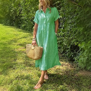Relaxed fit green and white vertical striped short sleeve cotton linen shirt dress