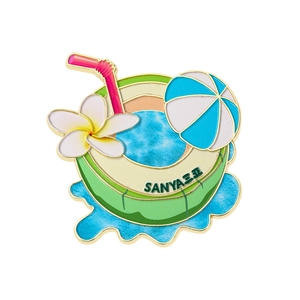 Sanya souvenir metal enamel pin featuring tropical coconut and beach ball designs