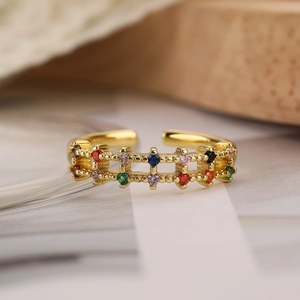 Exquisite gold-plated adjustable ring with colorful zircons and hollow weave design