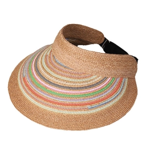 Foldable raffia sun visor with colorful ribbon stripes and black adjustable back strap