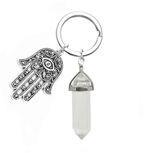 Detail of Hamsa Hand charm and clear hexagonal crystal pillar on silver keychain