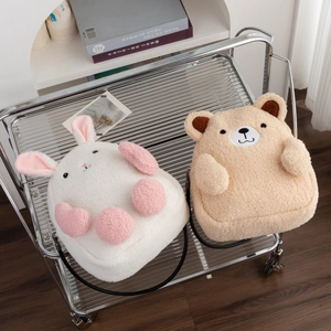 Cute plush teddy bear and rabbit shoulder bags with lamb wool texture and black straps