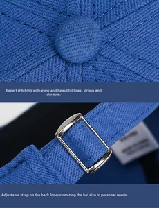Detail of blue golf cap featuring cotton twill texture, top button and metal adjustable strap