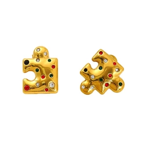 18k gold plated puzzle stud earrings for women with multi-colored rhinestones on white background