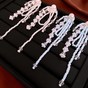 Elegant long fringe tassel earrings with faux pearls and crystals in white and blue
