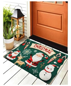 Christmas door mat with Santa and Reindeer design on rustic porch wooden floor
