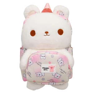 Cute white plush rabbit backpack with pink straps and printed front pocket for girls
