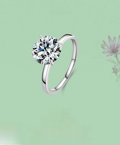 Macro detail of classic four-prong silver ring with a 3-carat brilliant round zircon