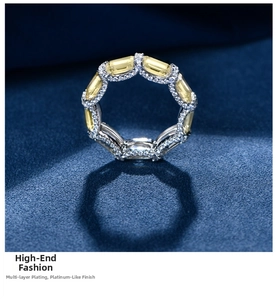 Macro detail of silver ring with yellow rectangle stones and multi-layer plating