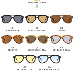 Matrix display of aviator sunglasses in 8 assorted colors from black to olive green