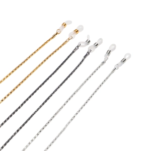 Set of six metal eyewear chains in gold, silver, and black with silicone loop ends