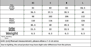 Detailed size chart for backless bow dress with bust and length measurements in cm