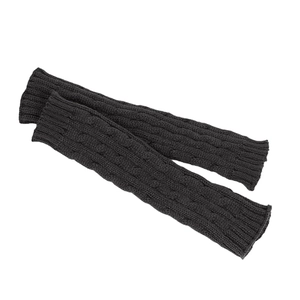 Close-up of dark grey cable knit pattern on long fingerless acrylic thermal gloves