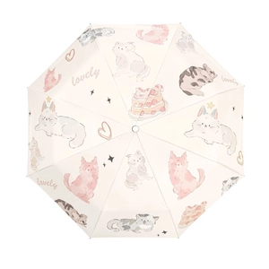 Top view of cream folding sun umbrella with cute watercolor cat and strawberry patterns