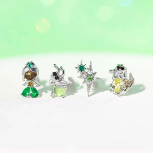 Silver fairy tale earrings set with green and yellow cubic zirconia crystals