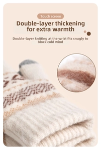 Detail of winter knit gloves with touch screen tips and soft thick fleece lining