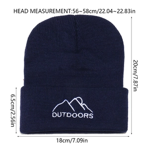 Size chart showing height and width of navy knit beanie with mountain embroidery