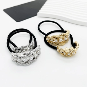 Fashionable metal chain and pearl elastic hair ties in gold and silver finishes