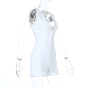 Detailed side view of white sleeveless lace bodysuit with deep V-neck and slim fit