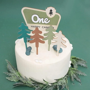 Wooden Happy Camper One cake topper set with forest pine trees for birthday party decoration