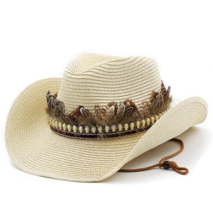 Ethnic Western cowboy straw hat with feather and skull charms for outdoor camping