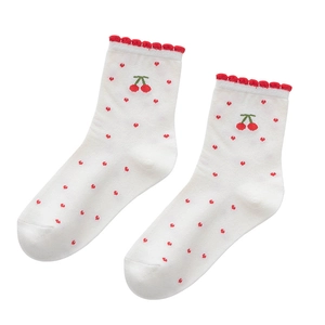 Japanese style white cotton socks with cherry pattern and red frilled cuffs for women