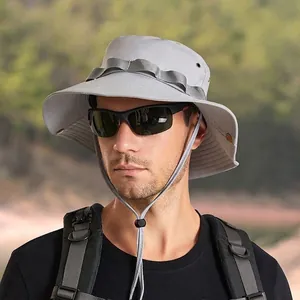 Men's outdoor wide brim sun hat in light grey with adjustable windproof drawstring for hiking