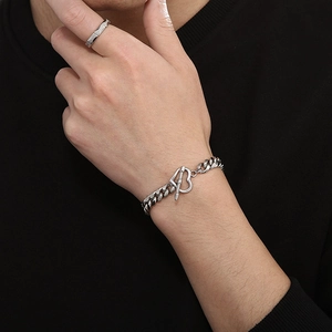 8mm titanium steel Cuban chain bracelet with heart toggle clasp and striped ring