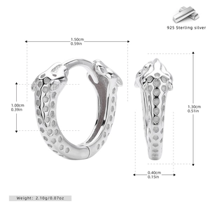 Detail view of 925 sterling silver hoop earrings with leopard texture and dimensions