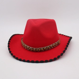 Red western felt cowboy hat with ethnic style beaded band and braided leather rope