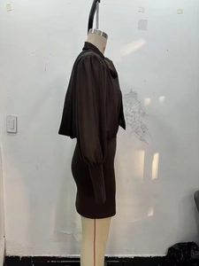 Detail eines braunen, eng anliegenden Langarmkleids aus seidigem Stoff mit Stehkragen
