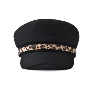 Classic black baker boy hat featuring a stylish leopard print chain band for women