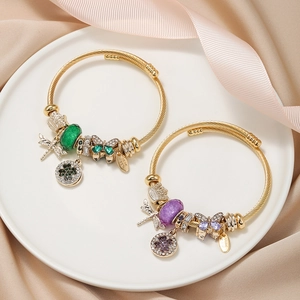 Butterfly Charm Bangle Stainless Steel Alloy Beads Resin Zircon Dragonfly Crown Fairy Style Jewelry For Women