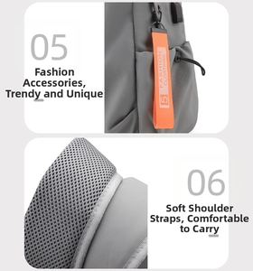 Detail of gray backpack featuring orange fashion straps and breathable mesh shoulder straps
