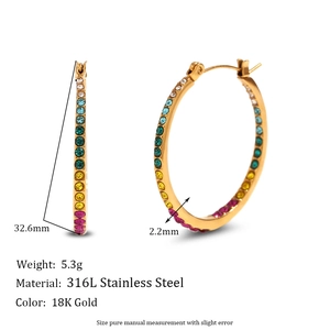 Detail showing dimensions of 18K gold plated stainless steel rainbow crystal hoop earrings
