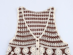 Detailed view of handmade crochet V-neck vest featuring hollow flower patterns and buttons