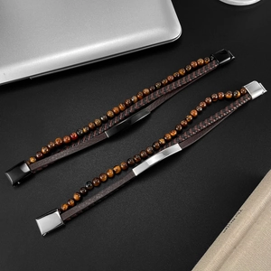 Men's tiger eye stone beaded bracelet with multi-layer braided brown leather and metal clasp