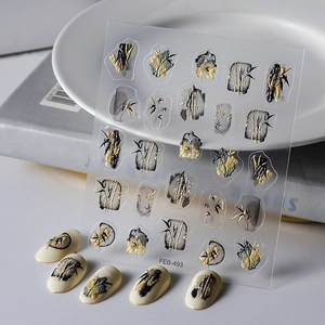 5D Embossed Nail Art Stickers Chinese Ink Wash Bamboo Pattern Gold Foil Self Adhesive Decals For DIY Manicure Decoration