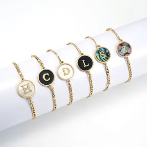 Figaro Chain Bracelet Stainless Steel Gold Plated Initial Letter Round Charm Shell Enamel Jewelry For Women Minimalist
