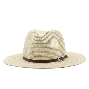 Cappello da sole in paglia beige classico con fascia in pelle marrone e fibbia metallica