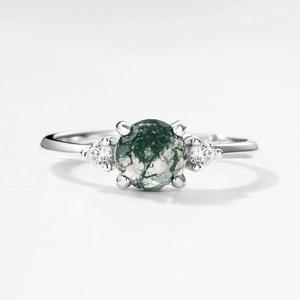 Minimalist S925 silver open ring with natural green moss agate and side diamonds