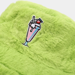 Neon green plush bucket hat with cute milkshake embroidery and fuzzy faux fur texture