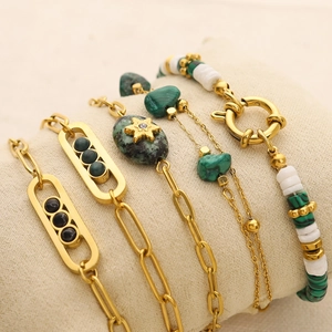 Bohemian gold stainless steel bracelet set with green natural stones and star charms