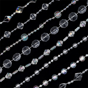 Macro detail of iridescent acrylic crystal bead chains with octagonal and round shapes