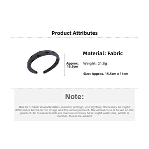 Gray fabric headband with black bow patterns showing dimensions 15.5cm by 14cm