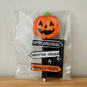 Packaged Halloween wooden sign with pumpkin, bat motifs, and spooky warehouse text