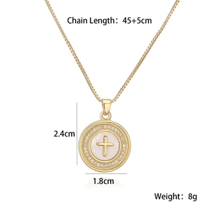 Detail view of 18K gold plated cross pendant necklace with dimensions and weight specs